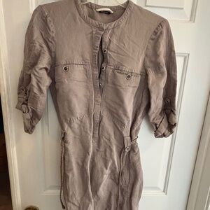 Tan Massimo Dutti 3/4 Length Sleeves Buttoned Front Dress w/Many Pockets Size S